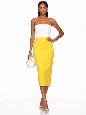 Amanda Uprichard Yellow White Strapless Midi Dress Medium NWT